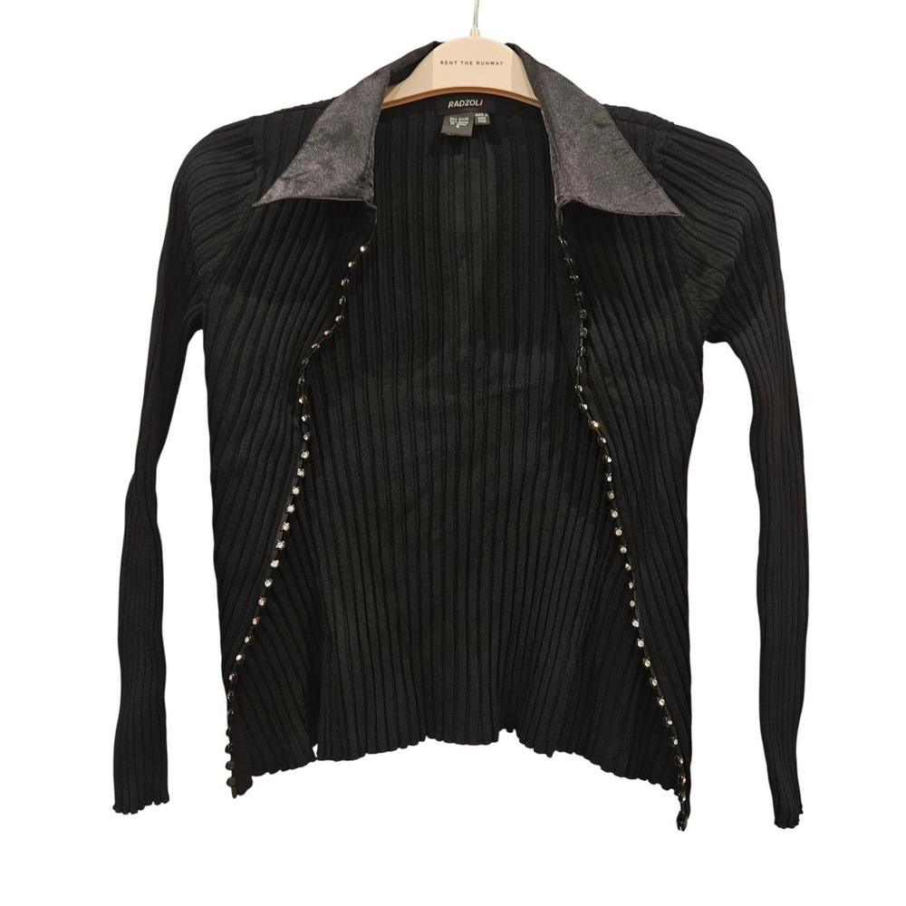 RADZOLI Y2K Black Rhinestone Ribbed‎ Studded Collar Cardigan Sweater Size S